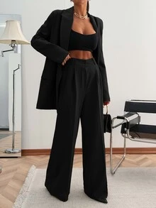 SHEIN PETITE Petite Size Solid Black Color Loose Fit Elegant Suit Set - Black - View 8