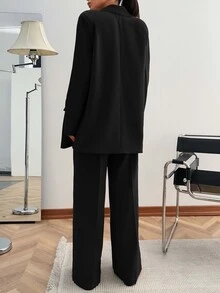 SHEIN PETITE Petite Size Solid Black Color Loose Fit Elegant Suit Set - Black - View 3