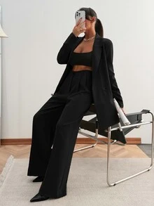 SHEIN PETITE Petite Size Solid Black Color Loose Fit Elegant Suit Set - Black - View 5