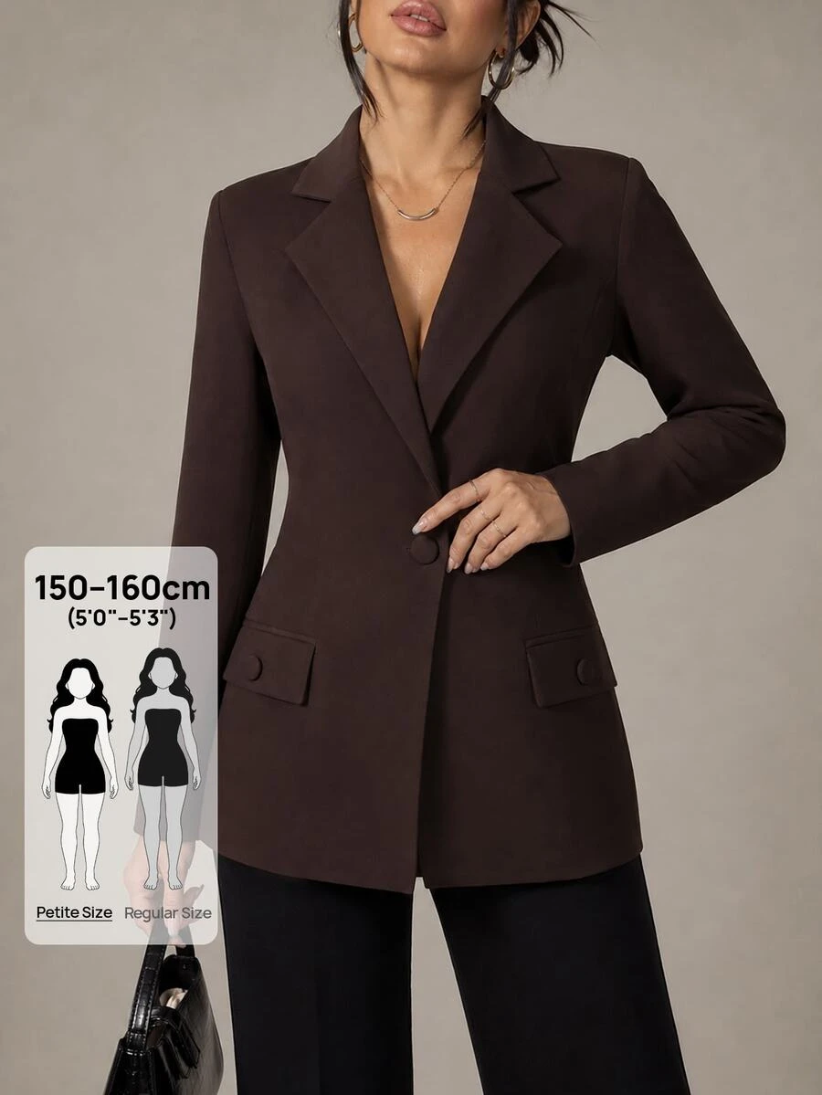 SHEIN PETITE جاكيت بليزر أنيق للنساء باللون البني مع أزرار أمامية وتفاصيل جيوب - بني - مشاهدة 1