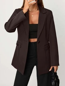 SHEIN PETITE جاكيت بليزر أنيق للنساء باللون البني مع أزرار أمامية وتفاصيل جيوب - بني - مشاهدة 3