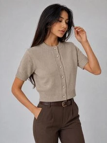 SHEIN PETITE Petite Size Solid Beige Gold Button Detailed Short Sleeve Elegant Cardigan Office Autumn - Beige - View 1