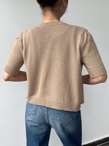 SHEIN PETITE Petite Size Solid Beige Gold Button Detailed Short Sleeve Elegant Cardigan Office Autumn - Beige - View 2