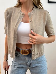 SHEIN PETITE Petite Size Solid Beige Gold Button Detailed Short Sleeve Elegant Cardigan Office Autumn - Beige - View 3