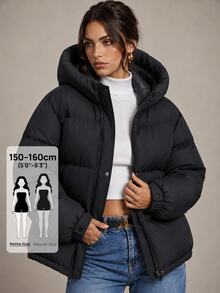 SHEIN PETITE معطف شتوي طويل مبطن بغطاء رأس للنساء، دافئ - الأسود - مشاهدة 1