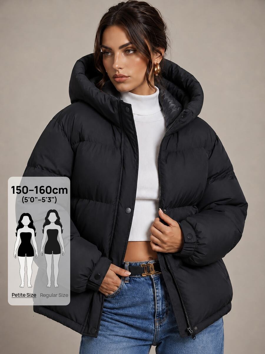 SHEIN PETITE معطف شتوي طويل مبطن بغطاء رأس للنساء، دافئ - الأسود - مشاهدة 1