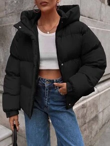 SHEIN PETITE معطف شتوي طويل مبطن بغطاء رأس للنساء، دافئ - الأسود - مشاهدة 2