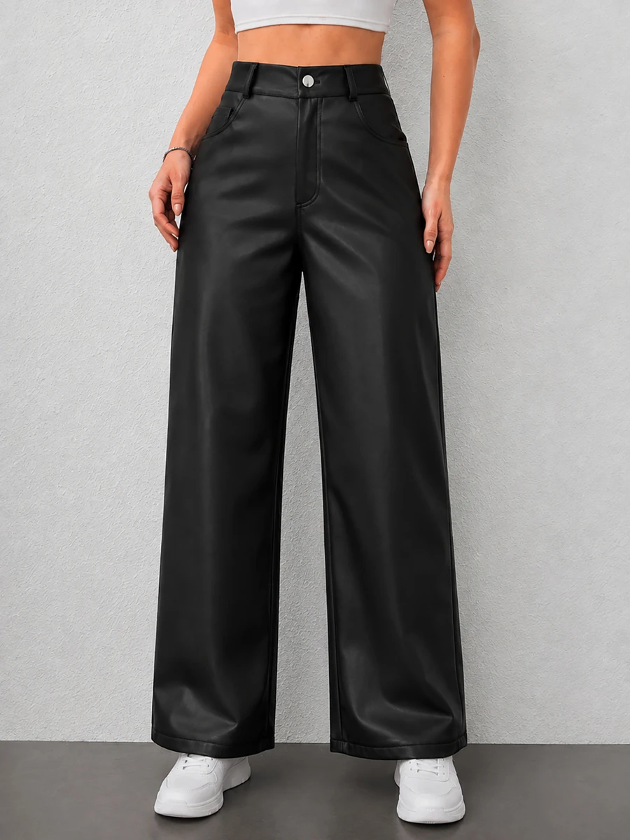 SHEIN PETITE Petite Size High Waist PU Leather Straight Casual Hip Hop ...