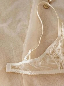 Crystal Vow Lace Patchwork Solid Color Underwire Push-Up Semi-Sheer Unlined Women's Bra - Khaki - View 5