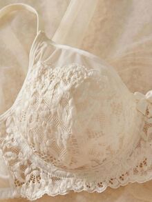 Crystal Vow Lace Patchwork Solid Color Underwire Push-Up Semi-Sheer Unlined Women's Bra - Khaki - View 7