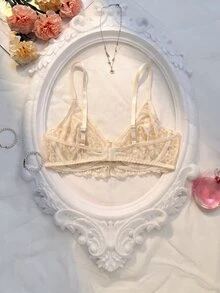 Crystal Vow Lace Patchwork Solid Color Underwire Push-Up Semi-Sheer Unlined Women's Bra - Khaki - View 2