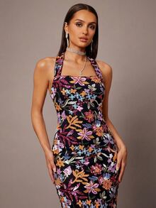 Silquee Gaun Wanita Elegan dengan Detail Payet yang Indah dan Model Halter Neck untuk Pesta Malam dan Kencan - Hitam - View 7