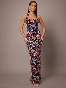 Silquee Gaun Wanita Elegan dengan Detail Payet yang Indah dan Model Halter Neck untuk Pesta Malam dan Kencan - Hitam - View 9