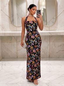Silquee Gaun Wanita Elegan dengan Detail Payet yang Indah dan Model Halter Neck untuk Pesta Malam dan Kencan - Hitam - View 2