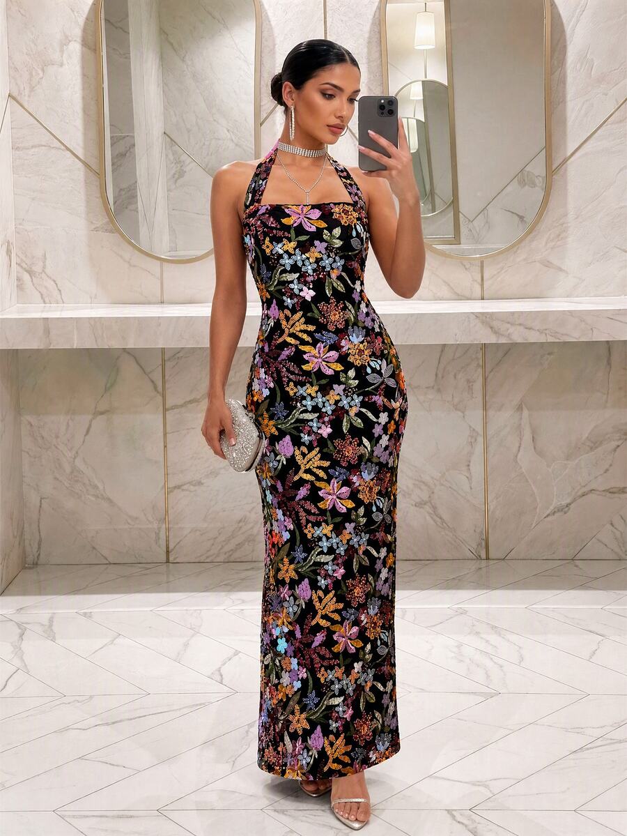 Silquee Gaun Wanita Elegan dengan Detail Payet yang Indah dan Model Halter Neck untuk Pesta Malam dan Kencan
