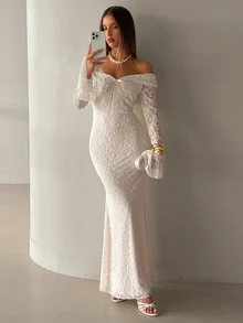 Aloruh Women's Autumn/Winter New Lace Flared Long Sleeve Off-Shoulder Lace Trim Dress Wedding Formal Corporate Office White Romantic Elegant - Apricot - View 8