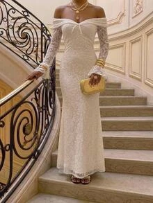 Aloruh Women's Autumn/Winter New Lace Flared Long Sleeve Off-Shoulder Lace Trim Dress Wedding Formal Corporate Office White Romantic Elegant - Apricot - View 3