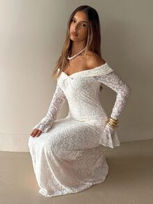 Aloruh Women's Autumn/Winter New Lace Flared Long Sleeve Off-Shoulder Lace Trim Dress Wedding Formal Corporate Office White Romantic Elegant - Apricot - View 5
