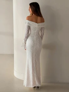 Aloruh Women's Autumn/Winter New Lace Flared Long Sleeve Off-Shoulder Lace Trim Dress Wedding Formal Corporate Office White Romantic Elegant - Apricot - View 2