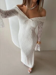 Aloruh Women's Autumn/Winter New Lace Flared Long Sleeve Off-Shoulder Lace Trim Dress Wedding Formal Corporate Office White Romantic Elegant - Apricot - View 9