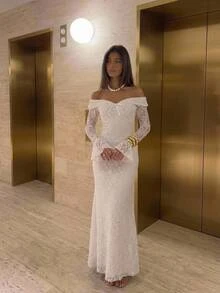 Aloruh Women's Autumn/Winter New Lace Flared Long Sleeve Off-Shoulder Lace Trim Dress Wedding Formal Corporate Office White Romantic Elegant - Apricot - View 4