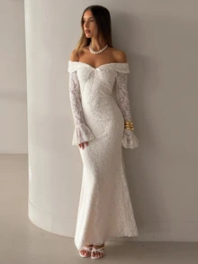 Aloruh Women's Autumn/Winter New Lace Flared Long Sleeve Off-Shoulder Lace Trim Dress Wedding Formal Corporate Office White Romantic Elegant - Apricot - View 6