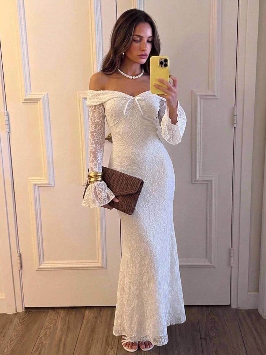 Aloruh Women's Autumn/Winter New Lace Flared Long Sleeve Off-Shoulder Lace Trim Dress Wedding Formal Corporate Office White Romantic Elegant - Apricot - View 1