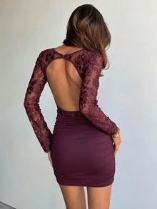 Aloruh 女款秋冬新款天鵝絨鏤空酒紅色修身迷你洋裝，適合派對夜生活、約會、晚宴，性感風格 - 酒紅色 - 查看 6