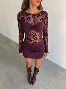 Aloruh 女款秋冬新款天鵝絨鏤空酒紅色修身迷你洋裝，適合派對夜生活、約會、晚宴，性感風格 - 酒紅色 - 查看 5