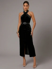Silquee Women's Velvet Halter Neck Blazer Top And Velvet Slit Skirt 2-Piece Set, Spring/Autumn - Black - View 3