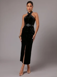 Silquee Women's Velvet Halter Neck Blazer Top And Velvet Slit Skirt 2-Piece Set, Spring/Autumn - Black - View 7