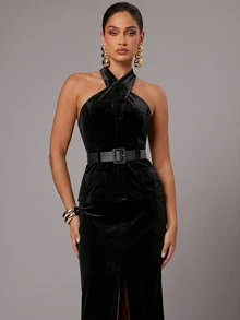 Silquee Women's Velvet Halter Neck Blazer Top And Velvet Slit Skirt 2-Piece Set, Spring/Autumn - Black - View 6
