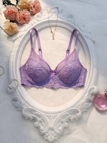 Crystal Vow Lace Splice Solid Color Underwire Support Gathering Semi-Sheer Wireless Bra For Women Purple Lace Bra Lace Bra Set Light Purple Lingerie Cute Bra Set - Mauve Purple - View 1
