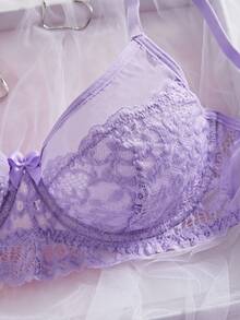 Crystal Vow Lace Splice Solid Color Underwire Support Gathering Semi-Sheer Wireless Bra For Women Purple Lace Bra Lace Bra Set Light Purple Lingerie Cute Bra Set - Mauve Purple - View 6