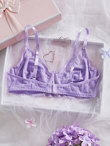 Crystal Vow Lace Splice Solid Color Underwire Support Gathering Semi-Sheer Wireless Bra For Women Purple Lace Bra Lace Bra Set Light Purple Lingerie Cute Bra Set - Mauve Purple - View 4