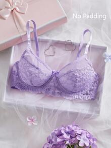 Crystal Vow Lace Splice Solid Color Underwire Support Gathering Semi-Sheer Wireless Bra For Women Purple Lace Bra Lace Bra Set Light Purple Lingerie Cute Bra Set - Mauve Purple - View 3