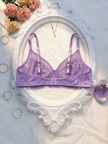 Crystal Vow Lace Splice Solid Color Underwire Support Gathering Semi-Sheer Wireless Bra For Women Purple Lace Bra Lace Bra Set Light Purple Lingerie Cute Bra Set - Mauve Purple - View 2