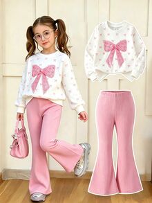 SHEIN Playful Pals 2件組女童甜酷風3D蝴蝶結裝飾套裝，白色上衣搭配黑色喇叭寬腿褲，秋季款，黑色上衣配多個粉色蝴蝶結與桃紅色喇叭褲 - 白色 - 查看 4