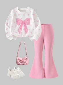 SHEIN Playful Pals 2件組女童甜酷風3D蝴蝶結裝飾套裝，白色上衣搭配黑色喇叭寬腿褲，秋季款，黑色上衣配多個粉色蝴蝶結與桃紅色喇叭褲 - 白色 - 查看 8