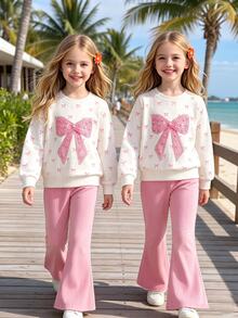 SHEIN Playful Pals 2件組女童甜酷風3D蝴蝶結裝飾套裝，白色上衣搭配黑色喇叭寬腿褲，秋季款，黑色上衣配多個粉色蝴蝶結與桃紅色喇叭褲 - 白色 - 查看 6