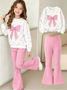 SHEIN Playful Pals 2件組女童甜酷風3D蝴蝶結裝飾套裝，白色上衣搭配黑色喇叭寬腿褲，秋季款，黑色上衣配多個粉色蝴蝶結與桃紅色喇叭褲 - 白色 - 查看 5