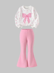 SHEIN Playful Pals 2件組女童甜酷風3D蝴蝶結裝飾套裝，白色上衣搭配黑色喇叭寬腿褲，秋季款，黑色上衣配多個粉色蝴蝶結與桃紅色喇叭褲 - 白色 - 查看 7