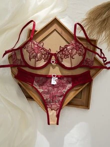 Crystal Vow 2件套女士优雅性感花卉刺绣网眼内衣套装 - 酒紅色 - 查看 2