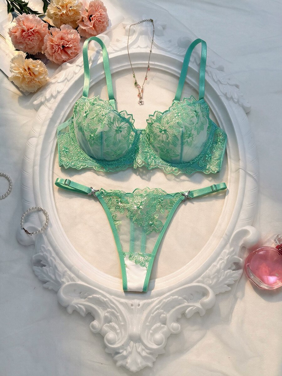Crystal Vow 2 件复古蓝色性感女士内衣套装 - 綠色 - 查看 1