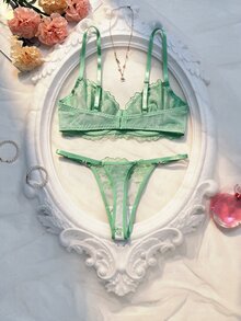 Crystal Vow 2 件复古蓝色性感女士内衣套装 - 綠色 - 查看 2