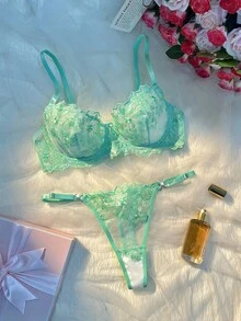 Crystal Vow 2 件复古蓝色性感女士内衣套装 - 綠色 - 查看 7