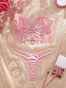 Crystal Vow 2pcs Lace Eyelash Bandeau Underwire Bra And G-String Lingerie Set - Pink - View 3
