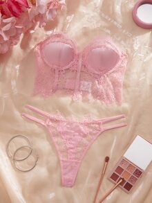 Crystal Vow 2pcs Lace Eyelash Bandeau Underwire Bra And G-String Lingerie Set - Pink - View 6