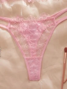Crystal Vow 2pcs Lace Eyelash Bandeau Underwire Bra And G-String Lingerie Set - Pink - View 7