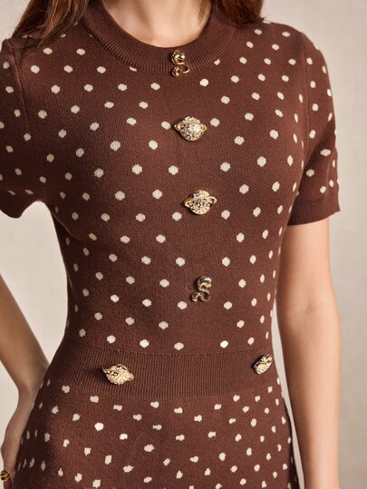 BizChic Brown Polka Dot Pattern Sweater Dress With Metal Decor, French Elegant Vintage Style, Suitable For Autumn/Winter, Office Commute, Business Workplace, Social, Formal, Halloween, Christmas, New Year, Graduation, Urban Daily Casual, 90s Old Money Style, Outing, Date, Birthday Party, Gathering, Wedding Guest, Country Style, Concert, Travel, Minimalist Basic Outfit, Brunch, Tea Party, Airport, Back To School, Prom
